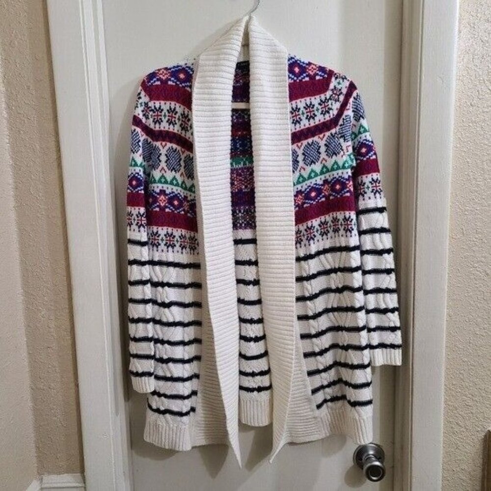 Talbots Womens Fair Isle Christmas Long Open Front Cardigan S